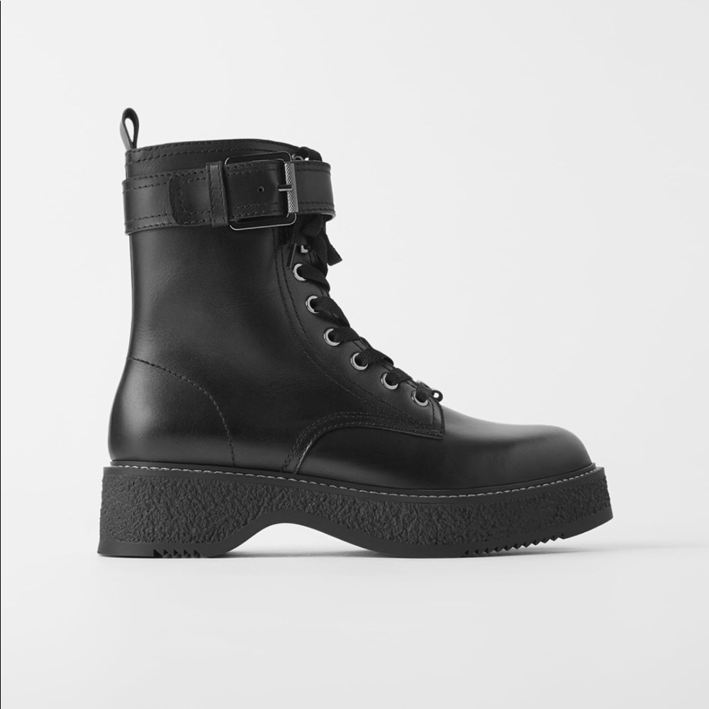 ZARA Low Heeled Buckled Leather Ankle Boots